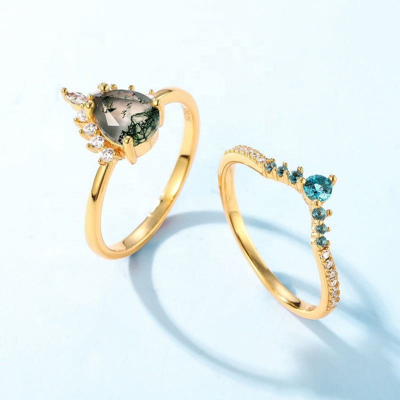 Enchanted Grove Moss Agate Ring Set - Gold Plated