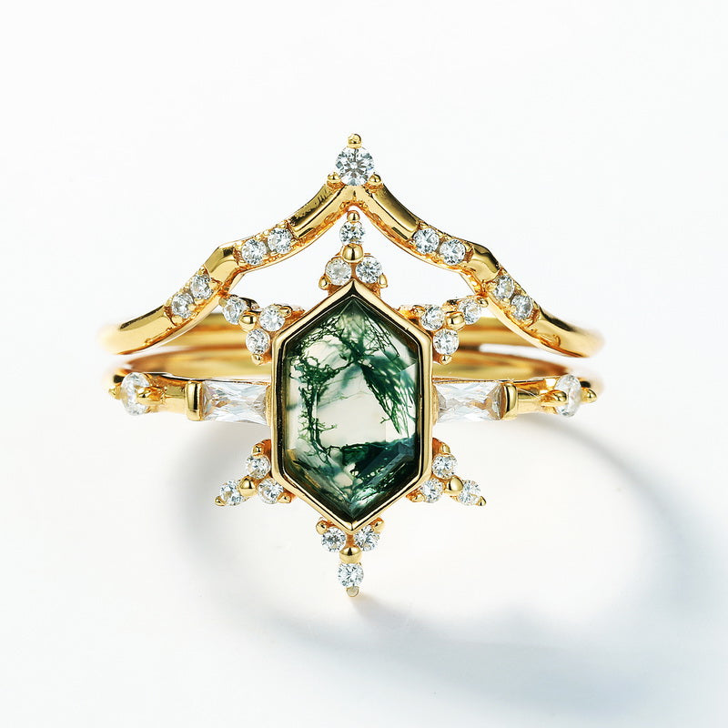 Gardenia Moss Agate Ring Set - Gold Plated
