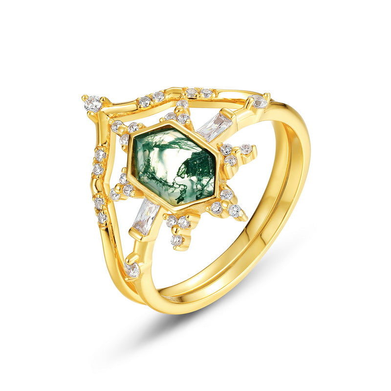 Gardenia Moss Agate Ring Set - Gold Plated