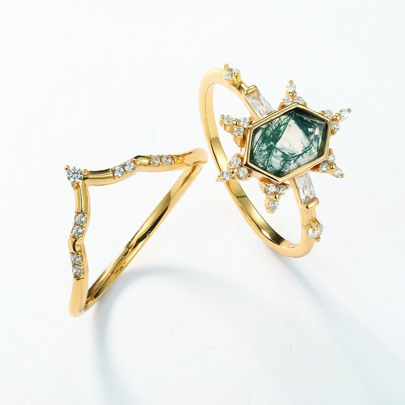 Gardenia Moss Agate Ring Set - Gold Plated