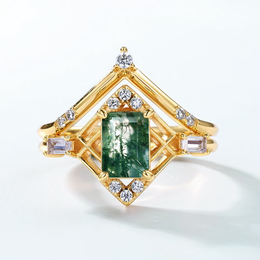 The Secret Garden Moss Agate Ring Set - Gold Plated