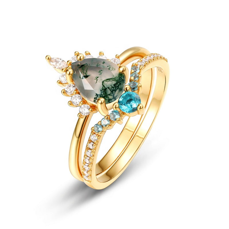 Enchanted Grove Moss Agate Ring Set - Gold Plated